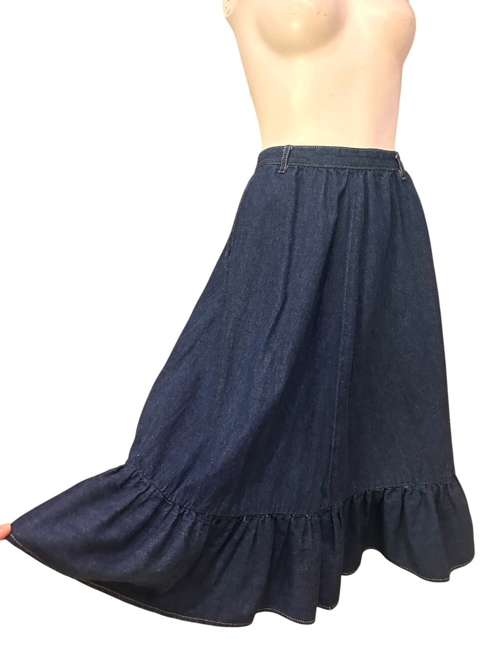 Vintage Denim Midi Skirt Ruffle Hem High Waist Prairie Western 25 Waist -